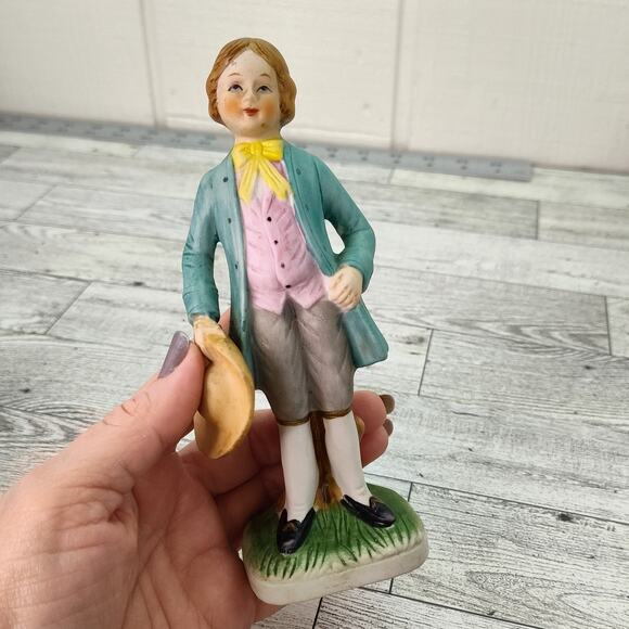 Colonial Man Holding Hat Figurine 6" Tall Green Jacket Yellow Tie Home Decor - Picture 1 of 9
